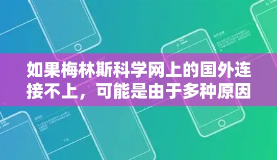 如果梅林斯科学网上的国外连接不上,可能是由于多种原因导致的。以下是一些可能的原因和步骤,帮助你排查问题 如果梅林斯科学网上的国外连接不上,可能是由于多种原因导致的。以下是一些可能的原因和步骤,帮助你排查问题